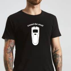 man wearing black shirt with "stud finder" design in white iron on