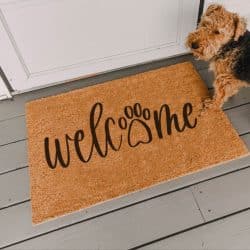 Coir door mat with Welcome design with paw print