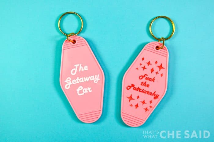 Acrylic hotel keychains engraved wtih Taylor swift sayings and filled with paint.