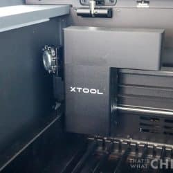 xtool P2 laser module inside the laser cutter bed