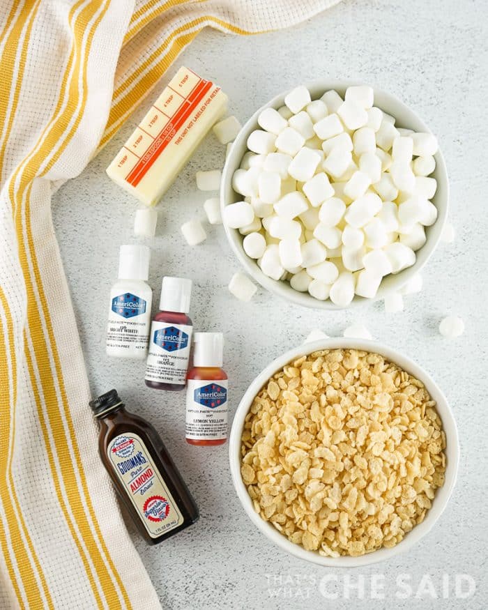 Ingredients for candy corn rice krispie treats