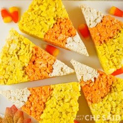 Triangles of Candy Corn Rice Krispie Treats on a plate