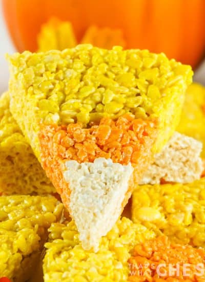 Candy Corn Rice Krispie Treat slice on a stack of slices