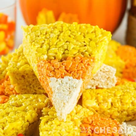 Candy Corn Rice Krispie Treat slice on a stack of slices