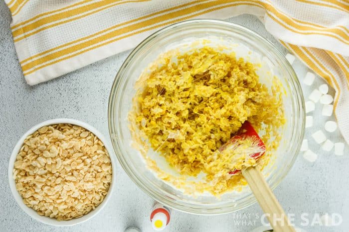 bowl of melted rice krispie mixture. 