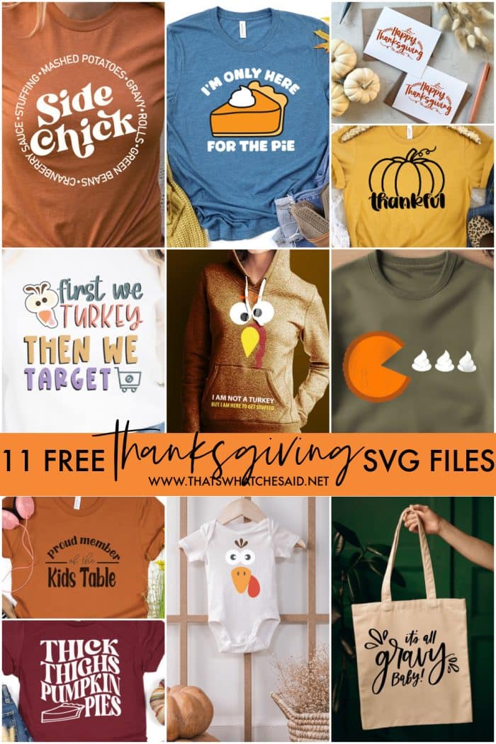 Collage of 11 Thanksgiving themed svg files as a part of a monthly blog hop