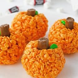 Close up of pumpkin krispie treats