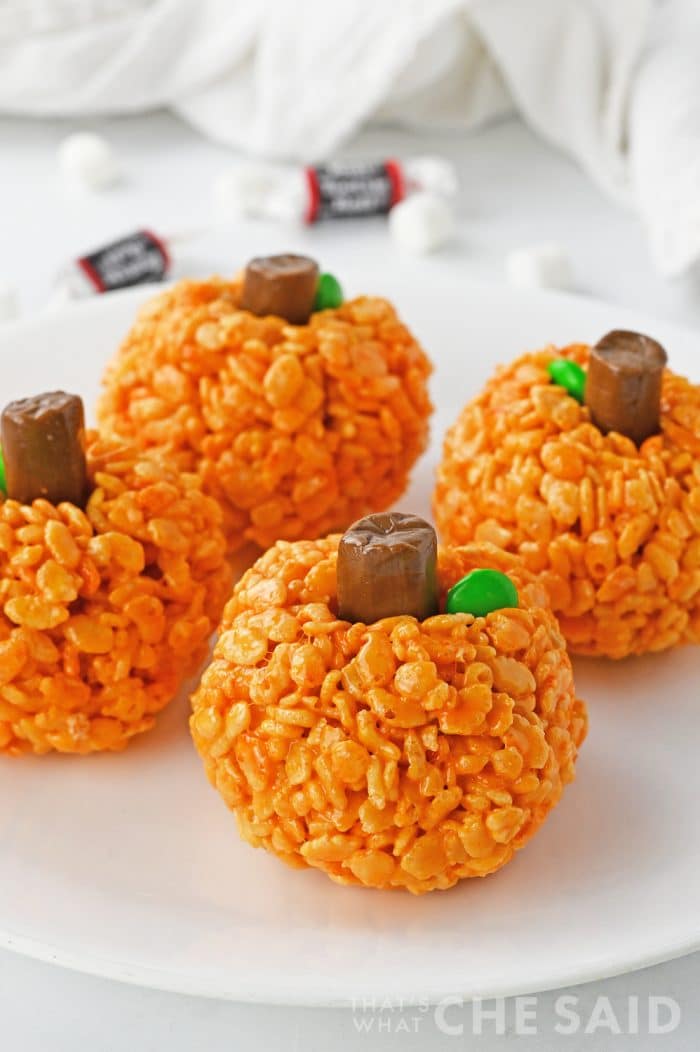 Close up of pumpkin krispie treats