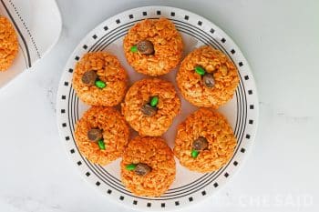 Stems and leaves added to pumpkin rice krispie treats