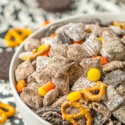 Close up of Fall Puppy Chow in white bowl