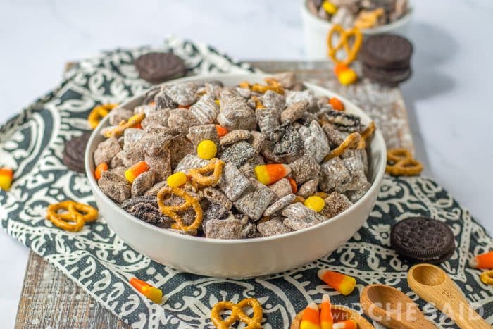 Vertical showt of Fall Puppy Chow in white bowl