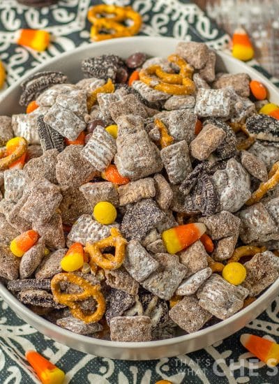 Square shot of Fall Puppy Chow in white bowl