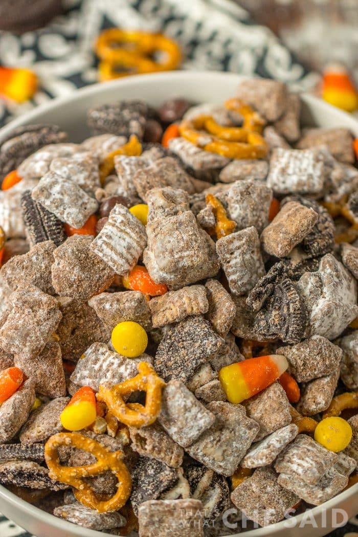 Close up of fall puppy chow snack mix