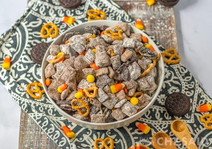 Horizontal shot of Fall Puppy Chow in white bowl