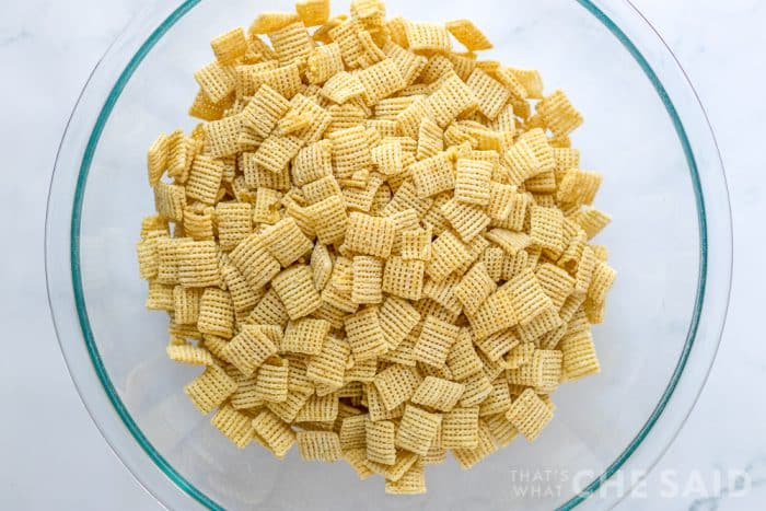 Rice Chex in a clear bowl