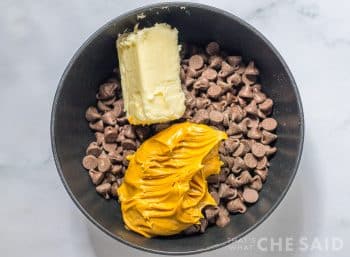 chocolate chips, butter and peanut butter in a microwave safe bowl