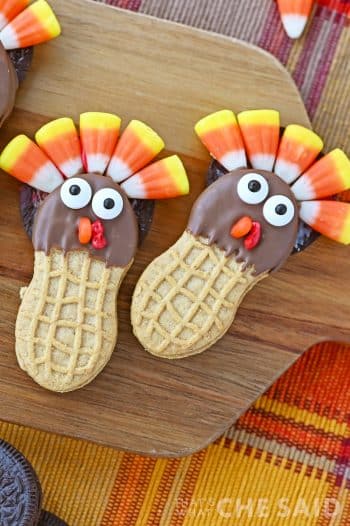 Close up of Nutter Butter turkey cookie on cutting board