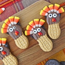 Nutter butter and oreo cookies turned into turkeys for thanksgiving