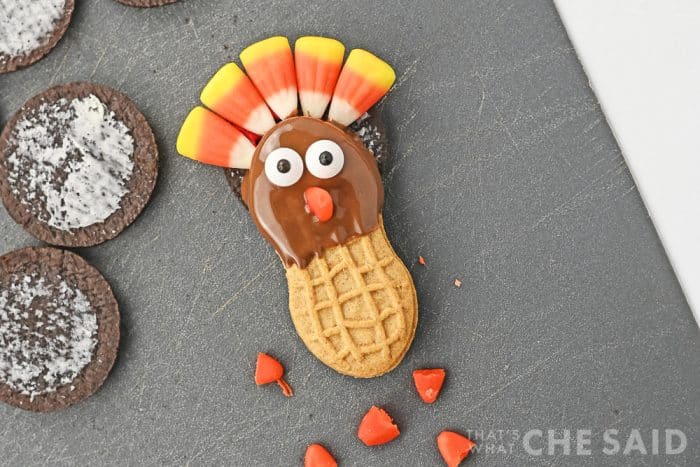 candy corn feathers added to turkey cookie