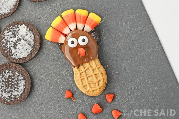 candy corn feathers added to turkey cookie