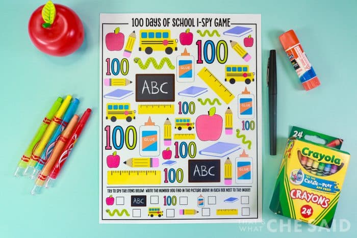 100 days of school printable worksheet i-spy activity on aqua background with school supplies - horizontal