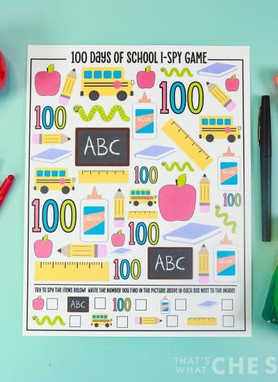 100 days of school printable worksheet i-spy activity on aqua background with school supplies - square