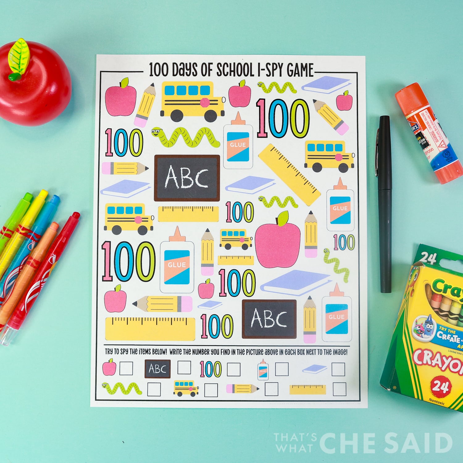 100 days of school printable worksheet i-spy activity on aqua background with school supplies - square