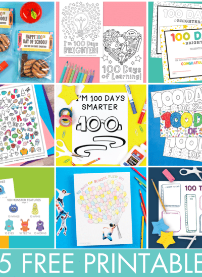 Square collage with images of free 100th day of school printables