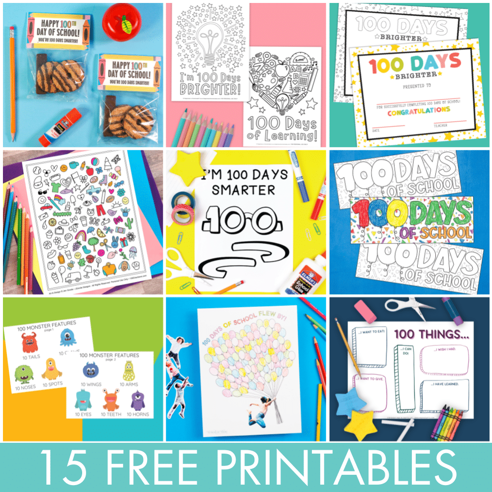 Square collage with images of free 100th day of school printables