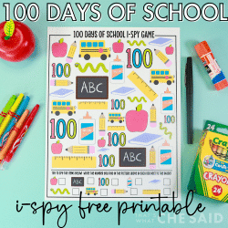 100 days of school printable worksheet i-spy activity on aqua background with school supplies - square