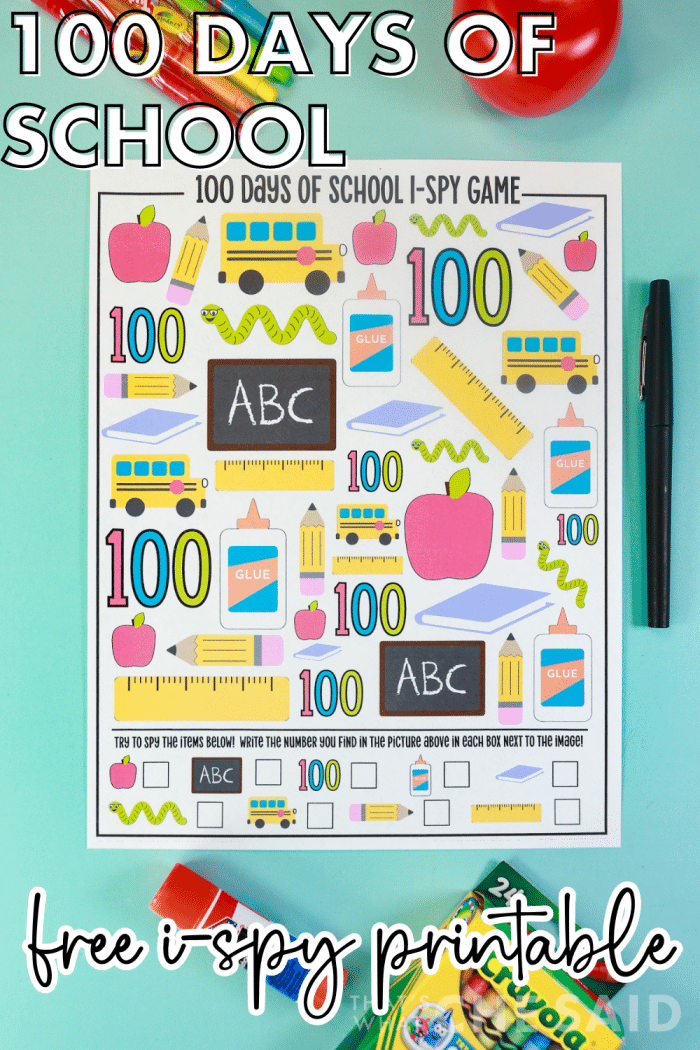 100 days of school printable worksheet i-spy activity on aqua background with school supplies - vertical