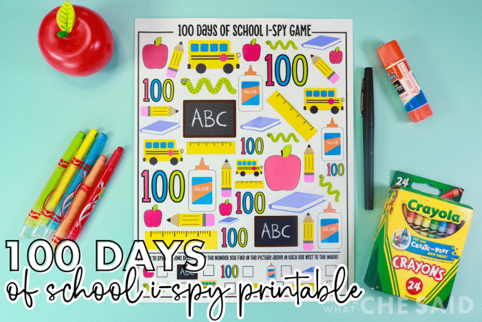 100 days of school printable worksheet i-spy activity on aqua background with school supplies - horizontal