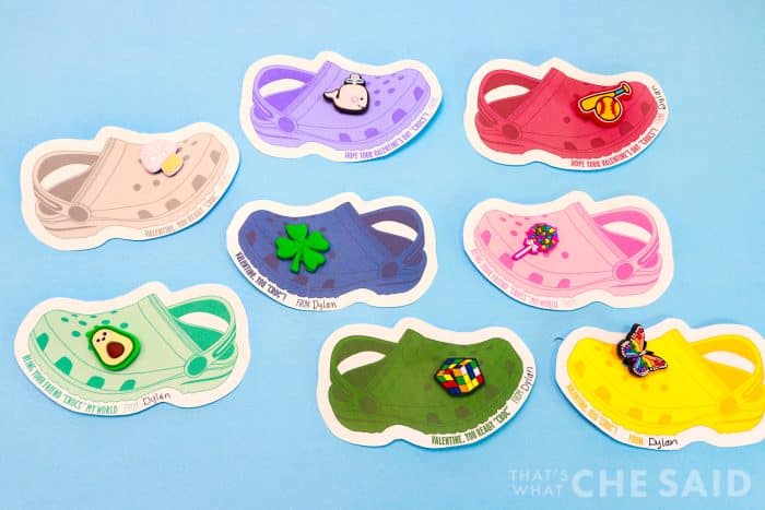 Horizontal orientation of 8 colored crocs valentine cards