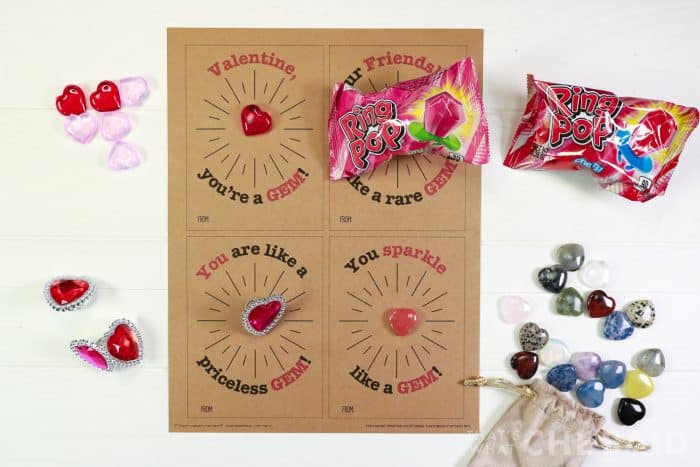 Printable Gem Valentine sheet with 4 treat or trinket options.