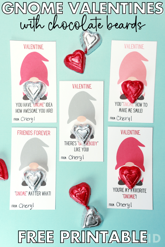 Free Printable Gnome Valentine's Day Cards - add chocolate heart beards - Pin Image