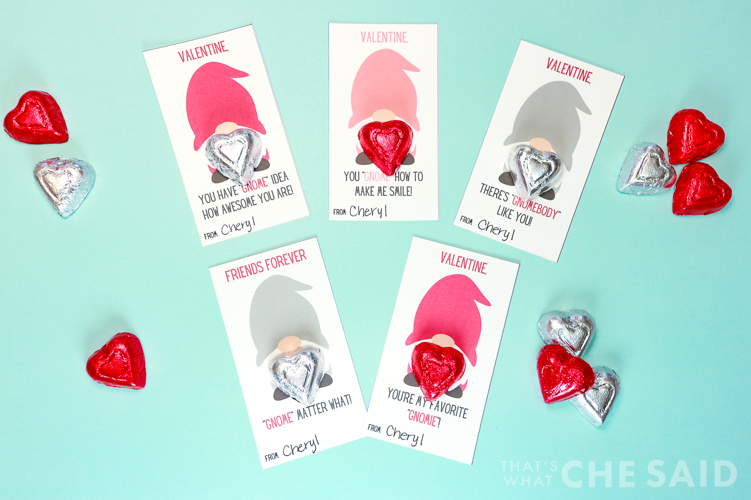 Gnome Valentines with Chocolate beards on aqua background horizontal oriention