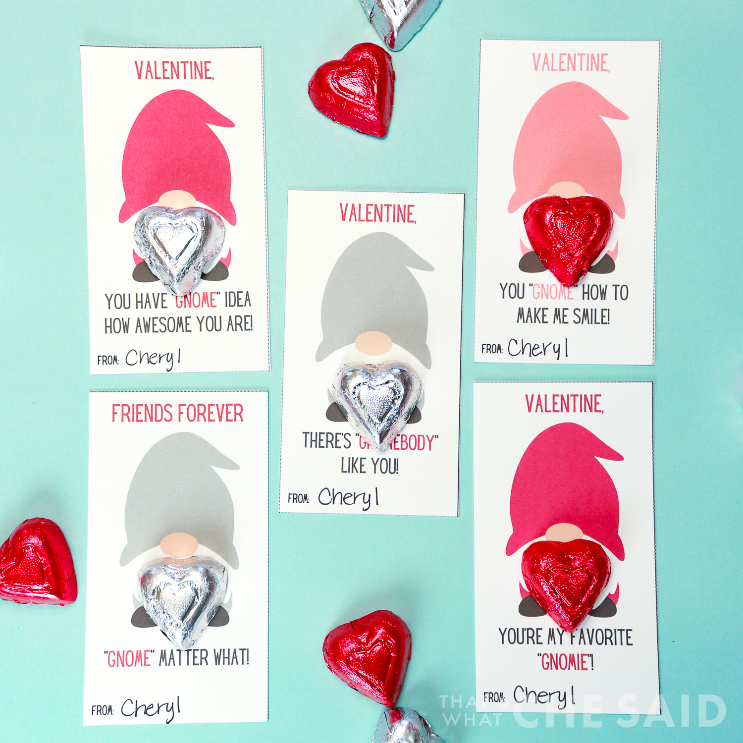 Gnome Valentines with Chocolate beards on aqua background square