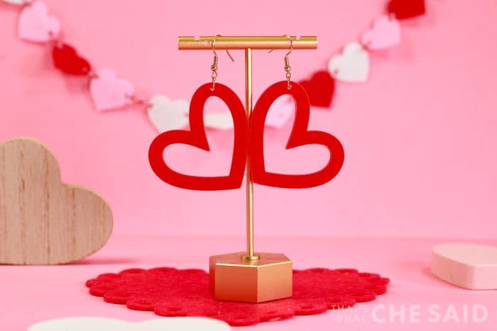 Red heart valentine's day earrings on earring rack