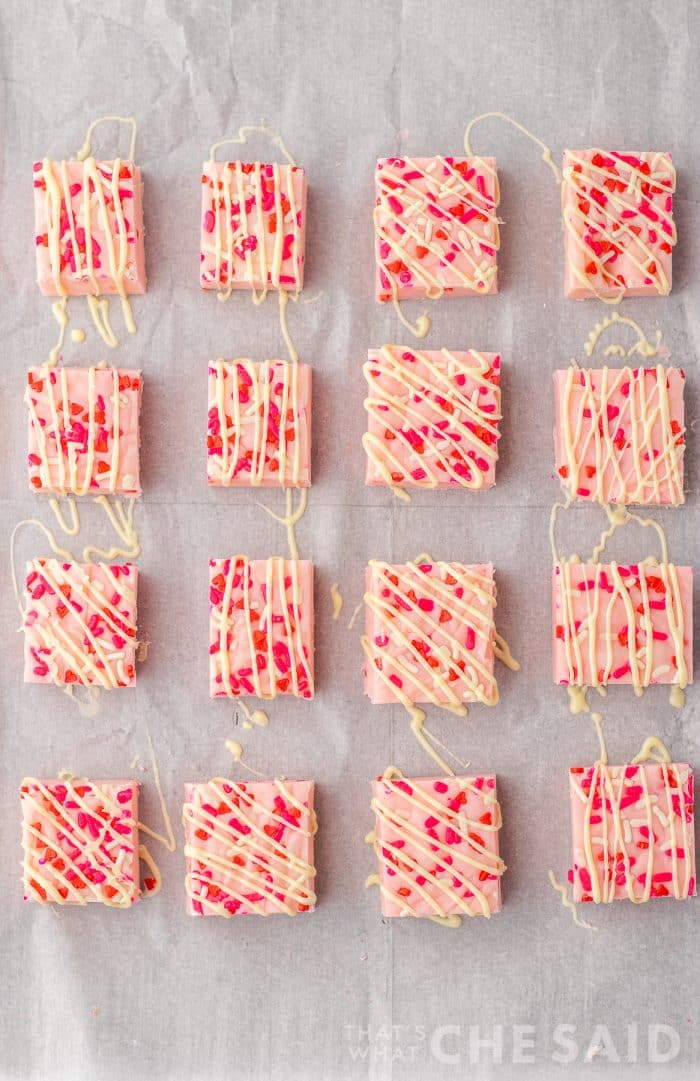 16 Squares of Sugar cookie Fudge decorated for Valentine's day - vertical