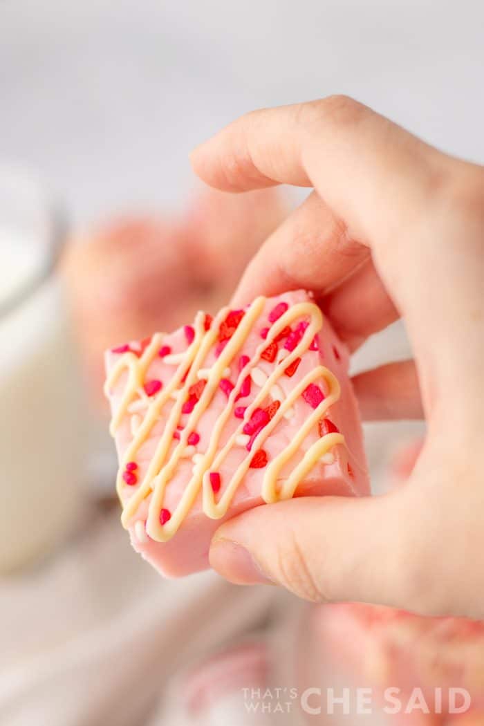 Close up of hand holding piece of fudge