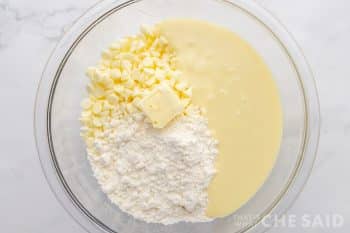 Sugar Cookie Fudge ingredients in glass bowl - Horizonta