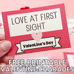 Close up of Valentine Charade game card in square format for social media