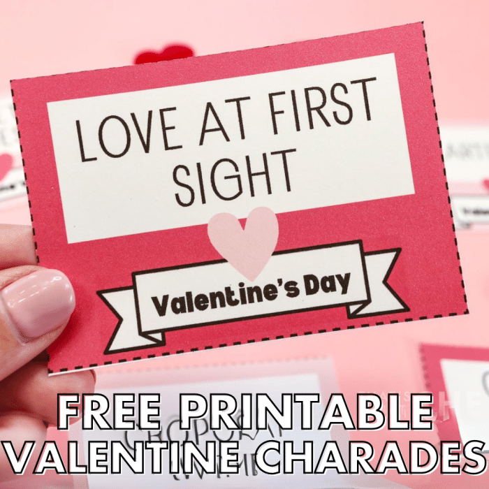Close up of Valentine Charade game card in square format for social media