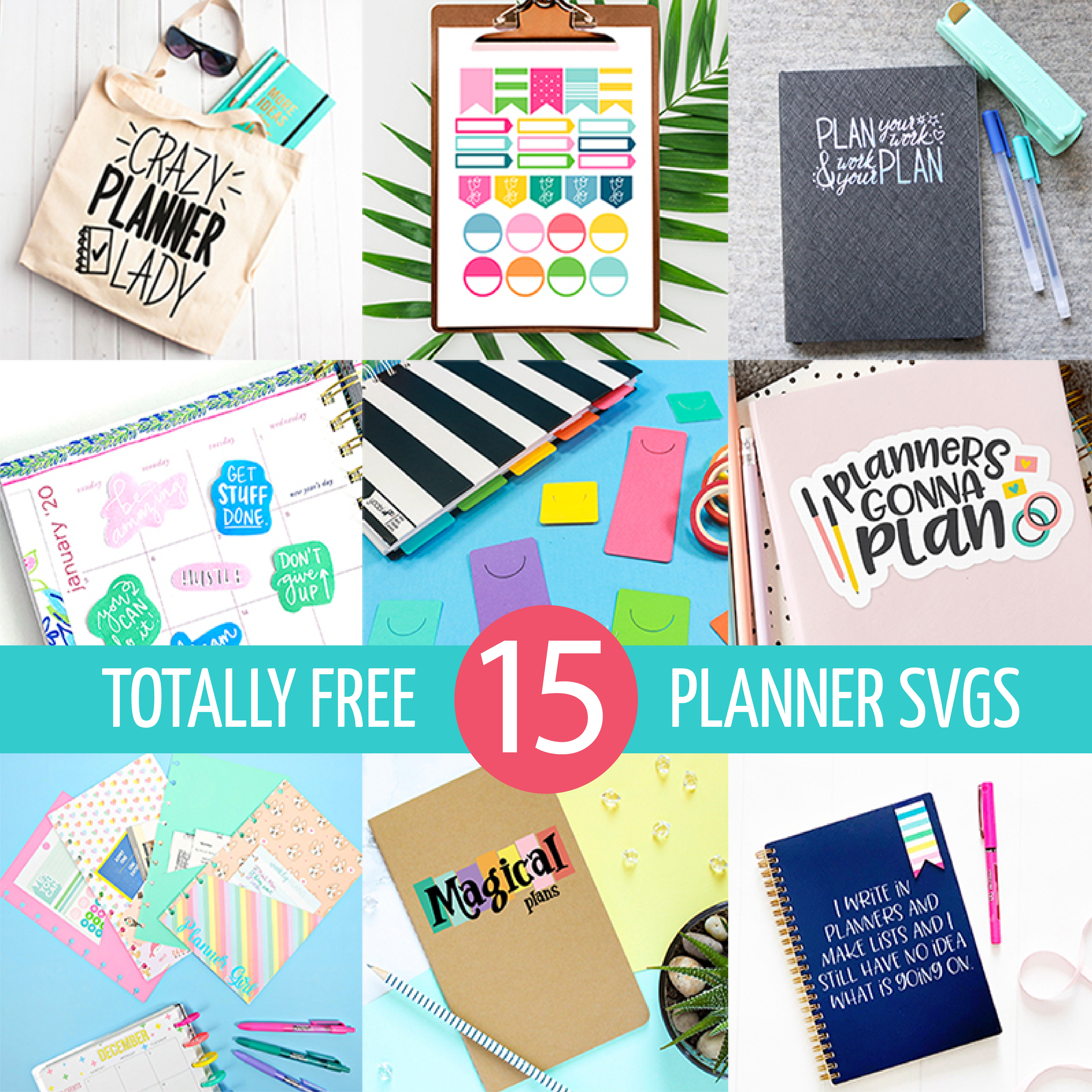 Square collage of 15 Planner svg and planner sticker free files