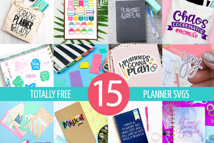 Horizontal collage of 15 Planner svg and planner sticker free files