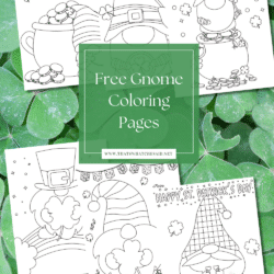 6 gnome coloring pages on a shamrock background with colored pencil border in vertical orientation for a Pin