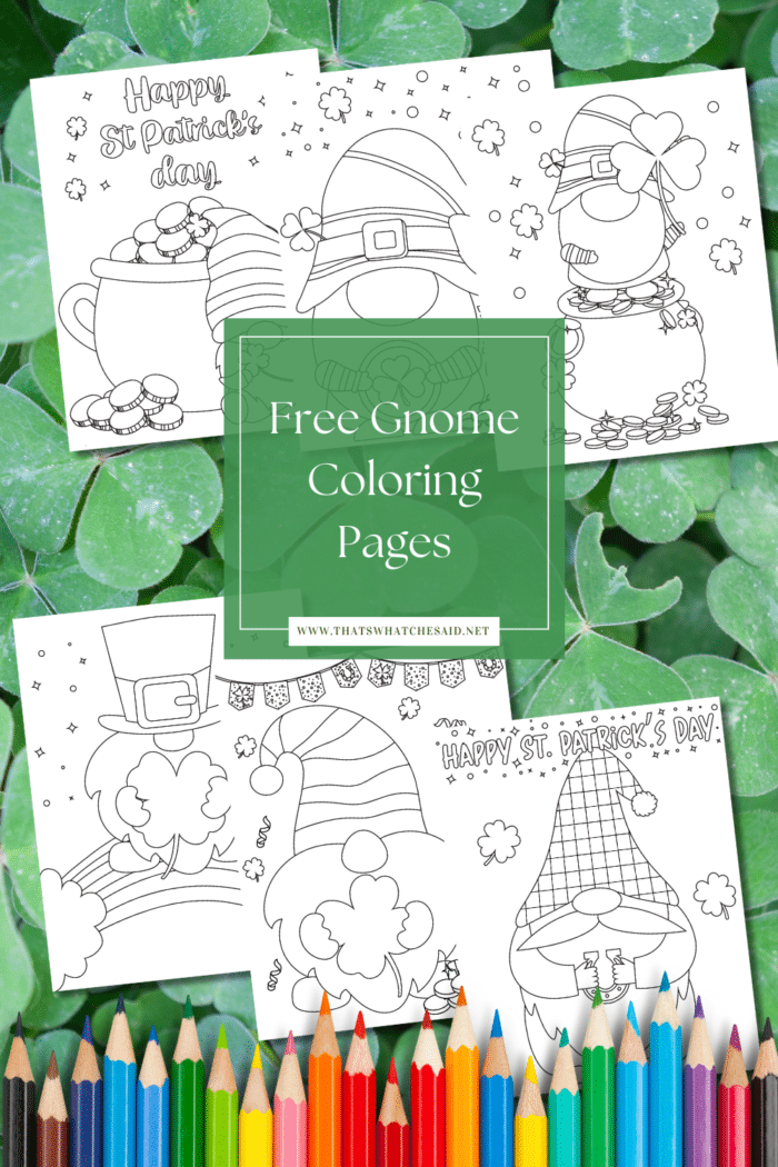 6 gnome coloring pages on a shamrock background with colored pencil border in vertical orientation for a Pin
