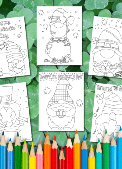 6 gnome coloring pages on a shamrock background with colored pencil border