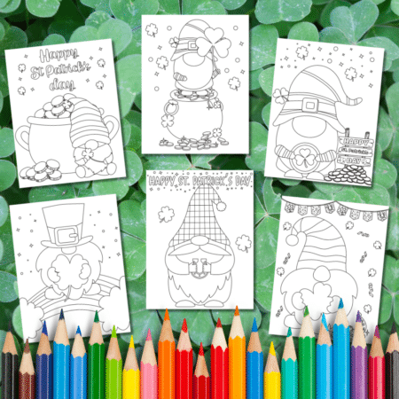 6 gnome coloring pages on a shamrock background with colored pencil border