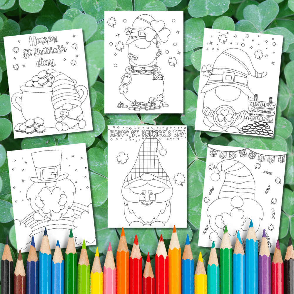 6 gnome coloring pages on a shamrock background with colored pencil border
